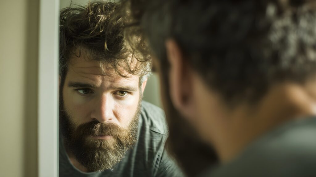 Bearded man looking at his reflection in a mirror