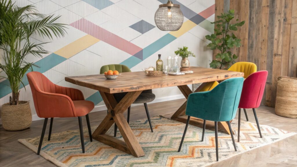 Wooden dining table surrounded by mismatched colorful chairs