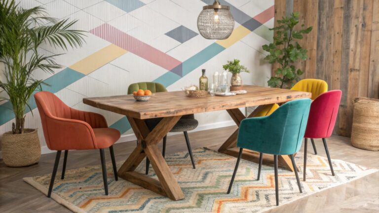 Wooden dining table surrounded by mismatched colorful chairs