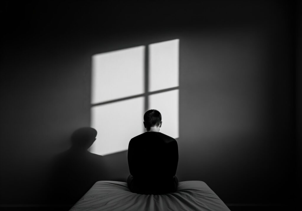Person sitting alone on a bed facing a wall lit by window light