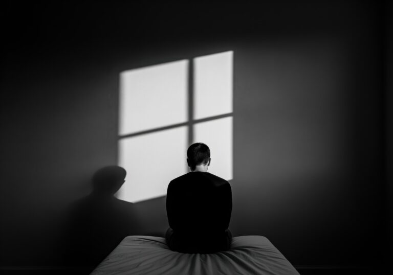 Person sitting alone on a bed facing a wall lit by window light