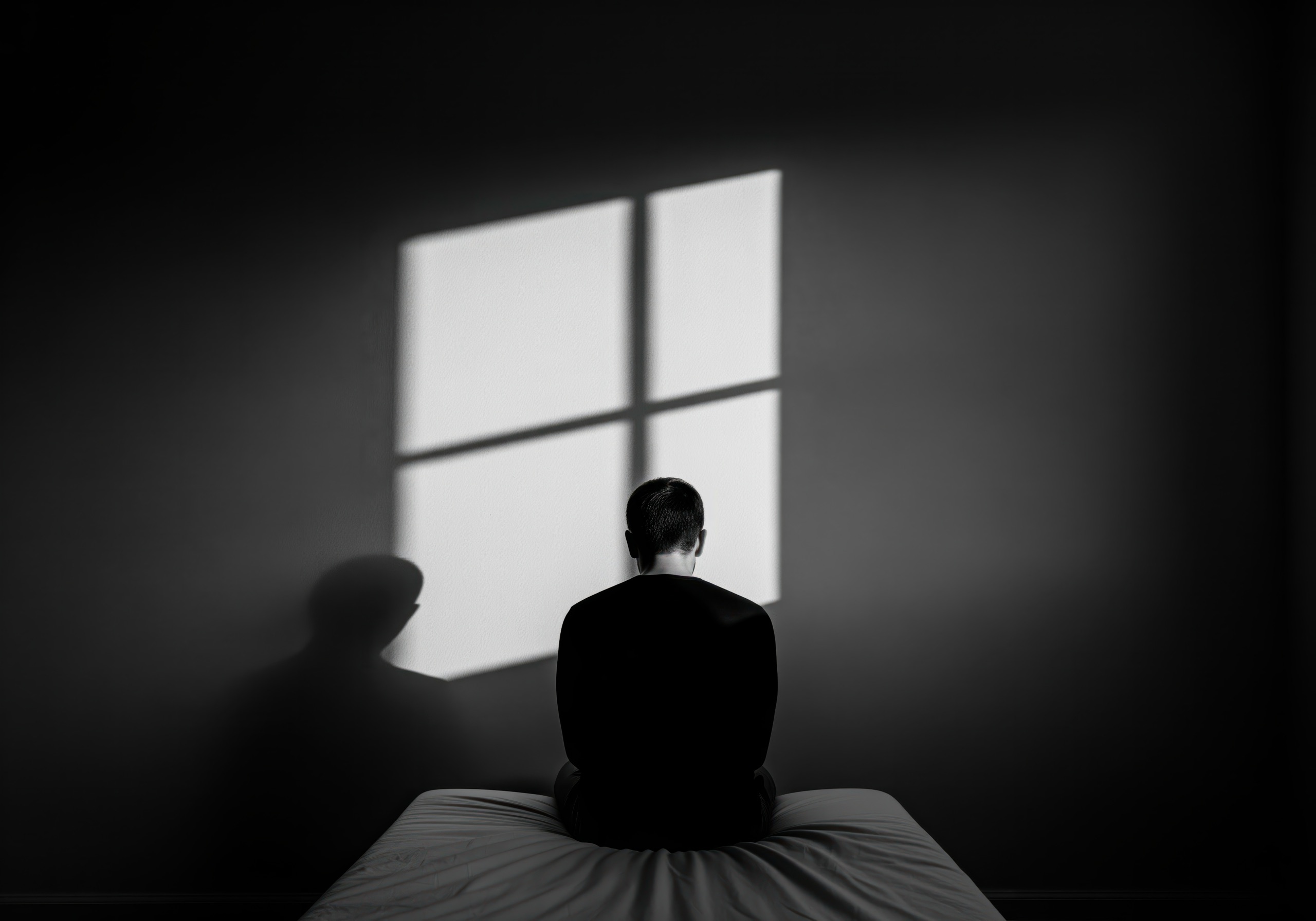 Person sitting alone on a bed facing a wall lit by window light