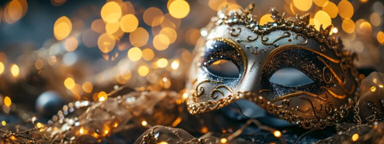 Ornate gold and silver Venetian masquerade mask against glowing golden lights